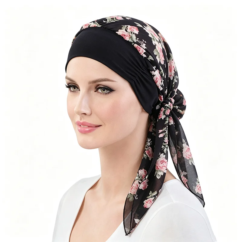 New Trendy Print Womens Elastic Pre-Tied Hijab Turban Cap Muslim Cancer Chemo Flower Print Hat Cover Hair Loss Head Scarf Wrap view 3