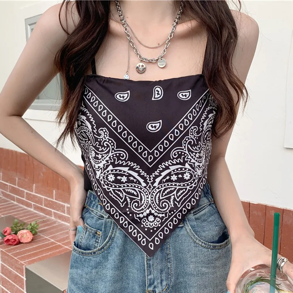 Women's Printed Sleeveless Tank Top Shirt Basic Solid Tank Top Fashion Satin Lace Up Italian Noodle Bandana Tube Crop Top