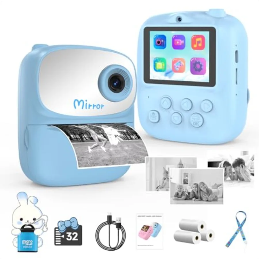 

Camera Instant Print for Kid Camera Instant Print with Mirror HD DualLens Selfie Digital Camera with 3 Rolls Print Paper 32GB C