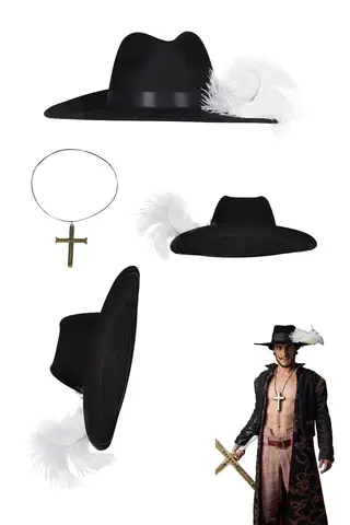 In Stock Dracule Cos Mihawk Cosplay Hat Black Cap Necklace Set With Feather Adult Men Halloween Carnival Costume Accessories