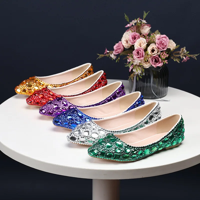 

Autumn Women's Shallow Pointed Rhinestone Colored Diamond Flats Bridal Wedding Party Evening Shoes Zapatillas De Mujer Elegantes