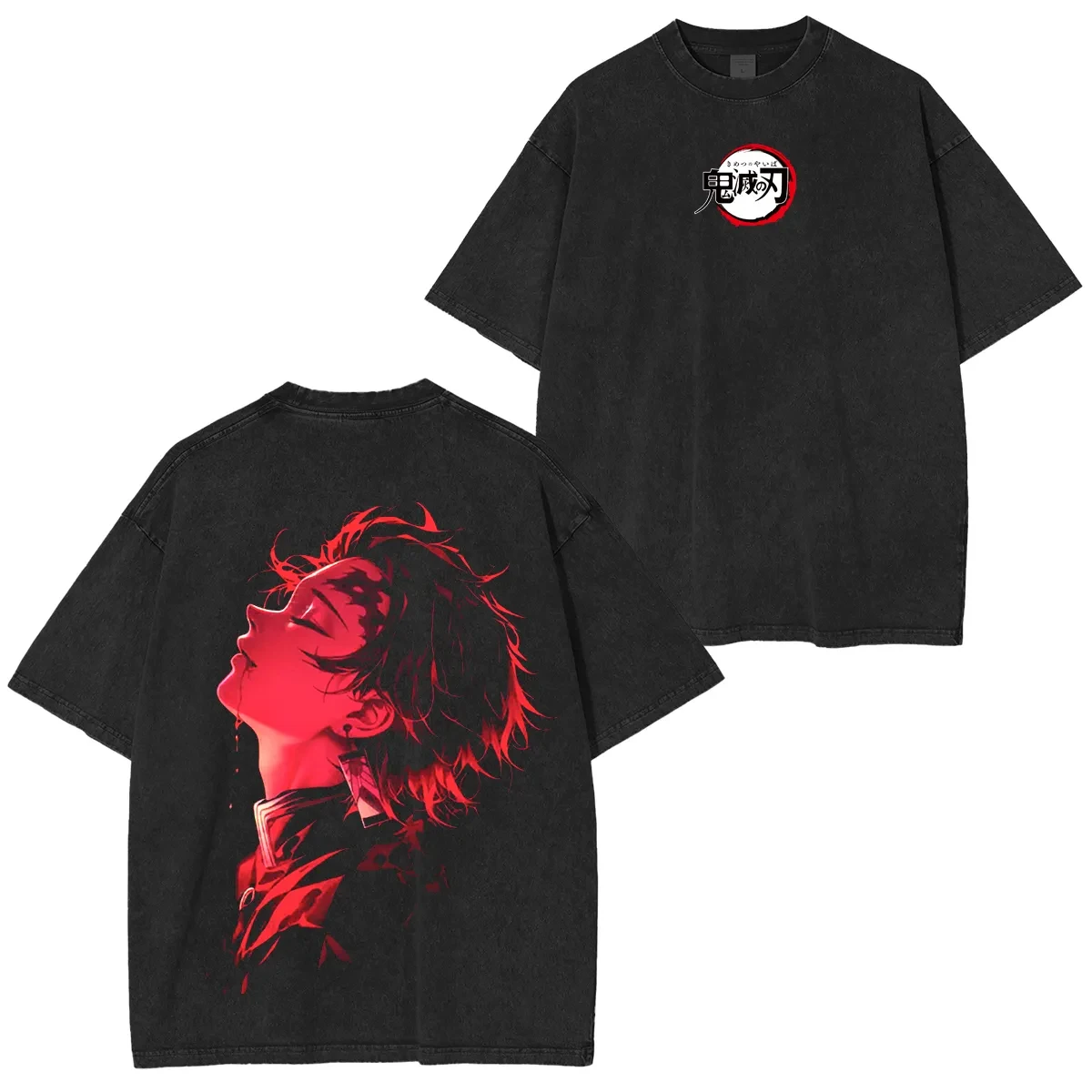 Camiseta Negra Oversize Demon Slayer Tanjiro Kamado Crimson Ascension con Efecto Ácido y Brillo Rojo, Colección Verano 2026, Estilo Urbano, Camiseta Gráfica