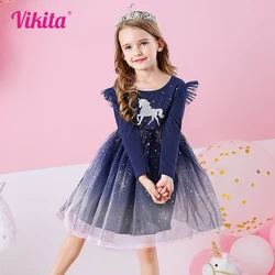 VIKITA Kids Flare Sleeve Autumn Spring Dress Girls Licorne Cartoon Dress Kids Gradient Birthday Party Navy Princess Dresses