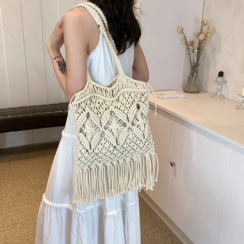 Summer Beach Bag for Women Mesh Rope Knitted Bucket Shoulder Bags Reticulate Hollow Travel Shopper Totes Ladies Fashion Handbag