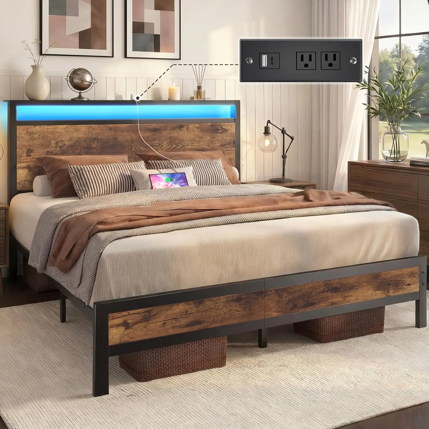 

Queen Platform Bed Frame Headboard Footboard USB LED Storage Shelf Noise-Free No Box Spring Easy Assembly Brown, Custom
