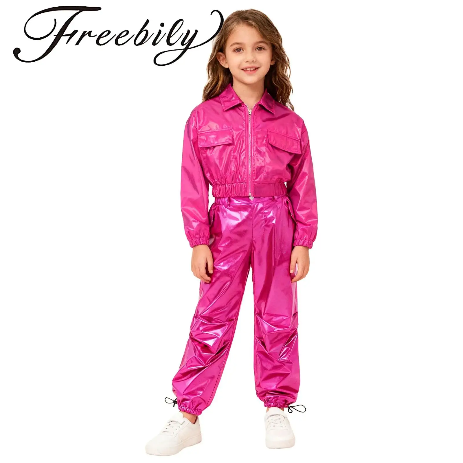 

Unisex Kids Boys Girls Dance Outfit Turn-Down Collar Metallic Jacket with Drawstring Leg Ruched Shiny Cargo Pants Hip-Hop Jazz