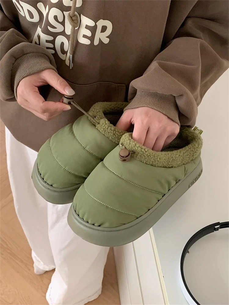 Warm Fleece Lined Slip-Resistant Lazy Half Slippers Home Shoes Unisex Fashionable Drawstring Winter Cotton Slippers for Couples