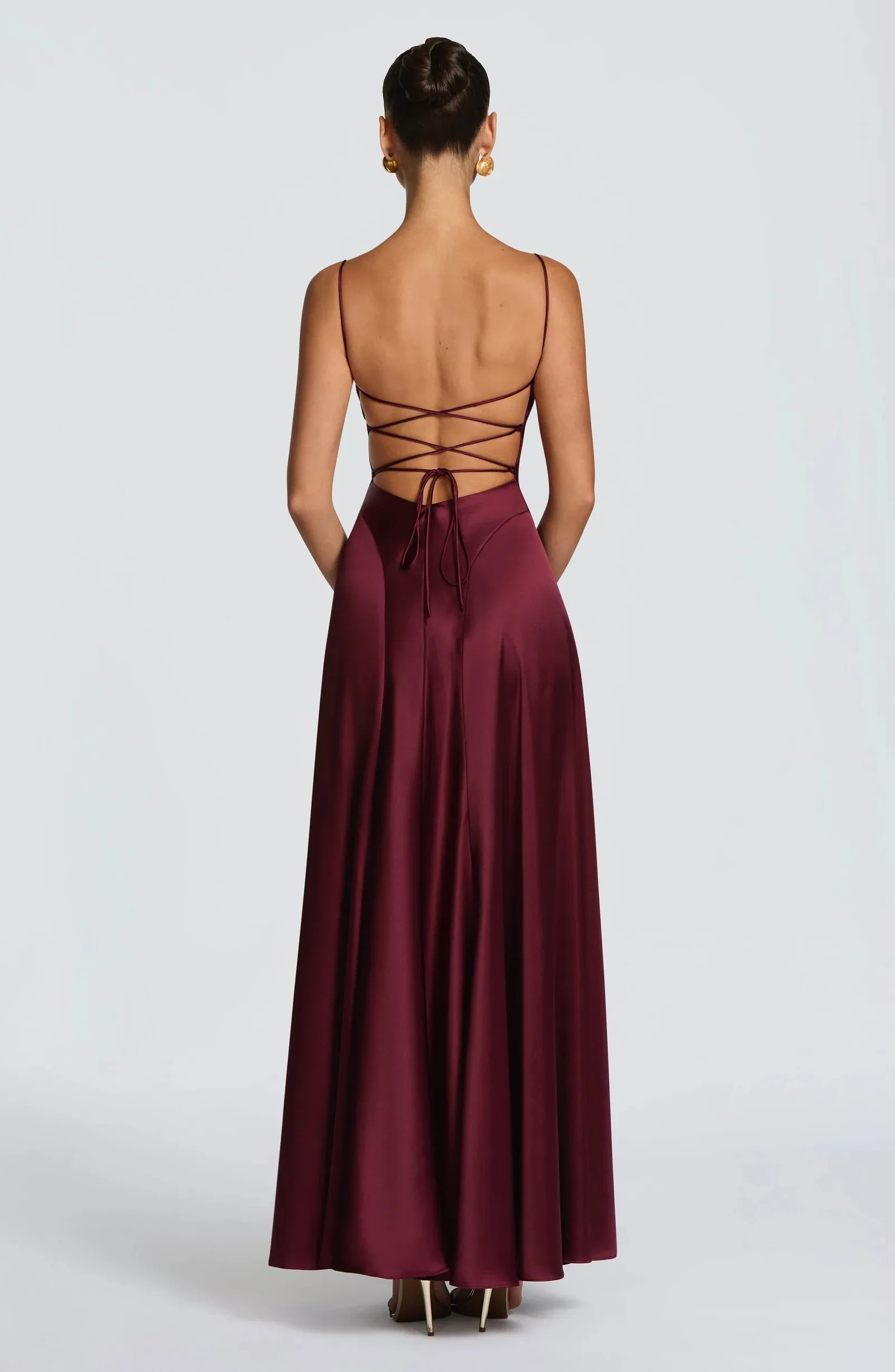Image of Sexy Satin-Korsett Langes Kleid Luxuriöses Rückenfreies Bandage-Maxikleid für Damen Abendkleid Cocktailkleid Brautjungfernkleid Burgunderrot