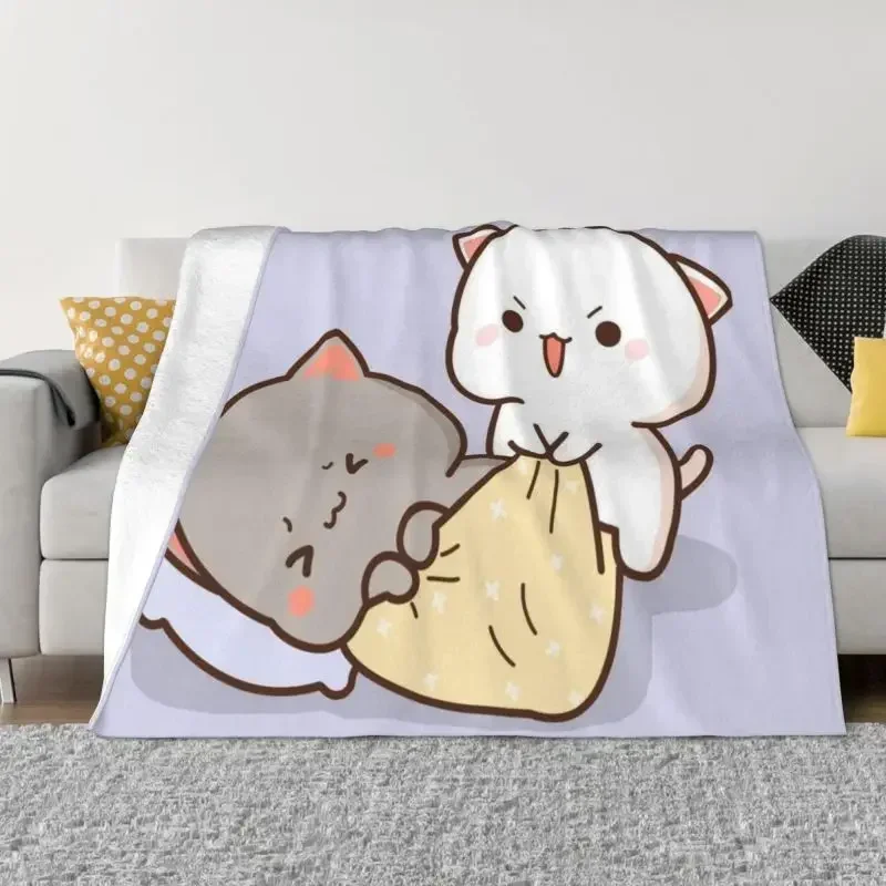 Peach Goma Mochi Fleece-Überwurfdecke mit Katzenmuster für Bett, Sofa, Außenbereich, weiche, warme Flanell-Frühlingsdecken