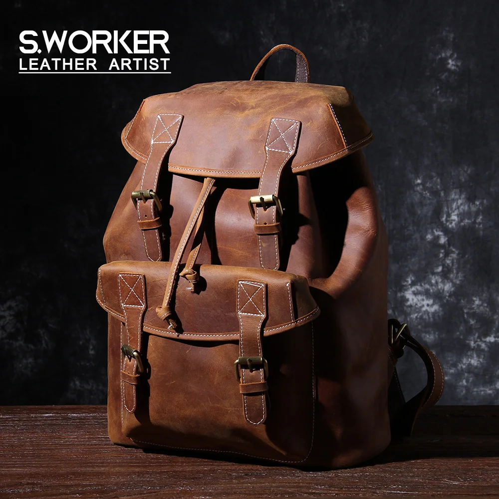 S.WORKER Vintage Echtleder-Rucksack für Herren, Reise-Vintage-Crazy-Horse-Schultasche, Große Laptop-Schultertasche aus Rindsleder für Männer – Detail 2
