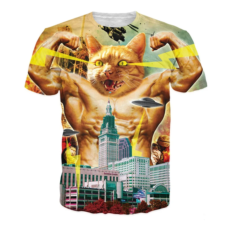 Osobowość 3D męskie koszulki z nadrukiem damska hiphopowy sweter dekolt śmieszny kot T-Shirt szalony wzór unikalny Tee Top nowy