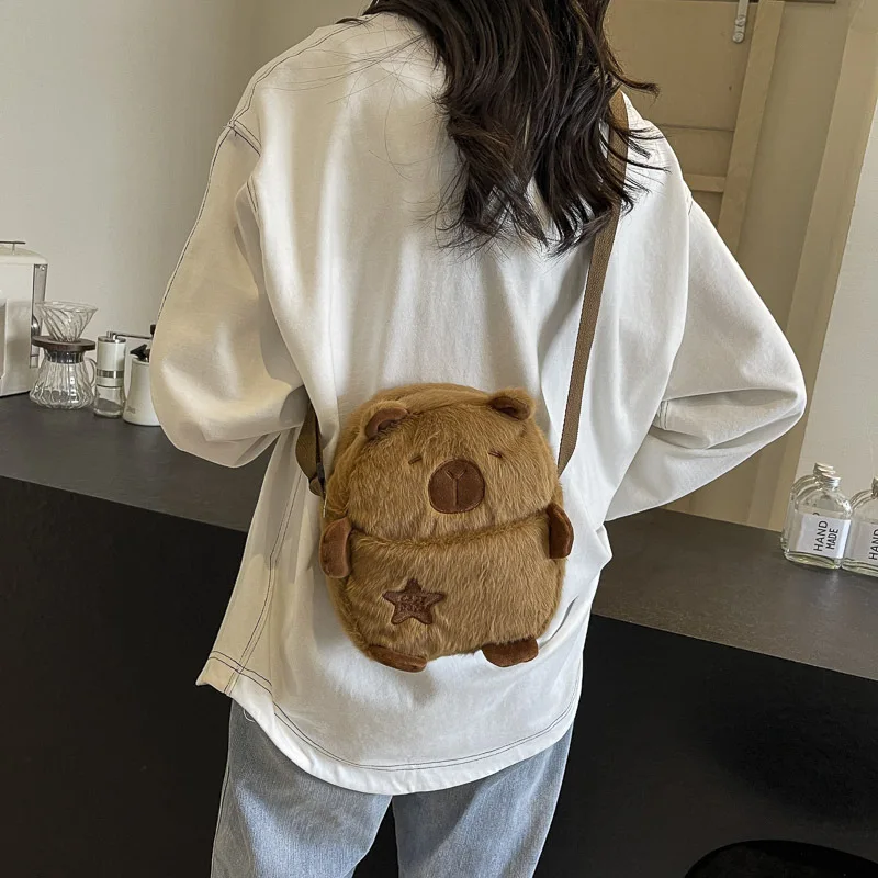 Cute Plush Capybara Crossbody Bag Large Capacity Shoulder Bag Cartoon Girls Coin Purse Zipper Plush Mobile Phone Pouch