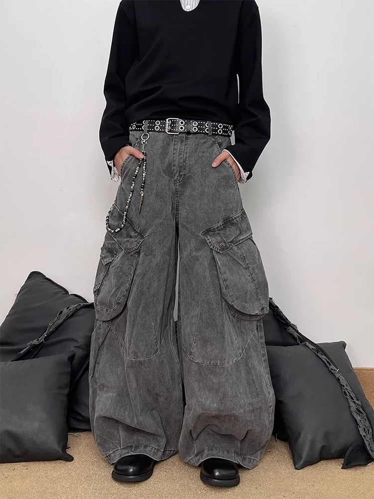 

Мужские джинсы в стиле ретро с эффектом потертости, с большими карманами, свободного кроя, широкие штанины, повседневные брюки в уличном стиле для подростков и взрослых