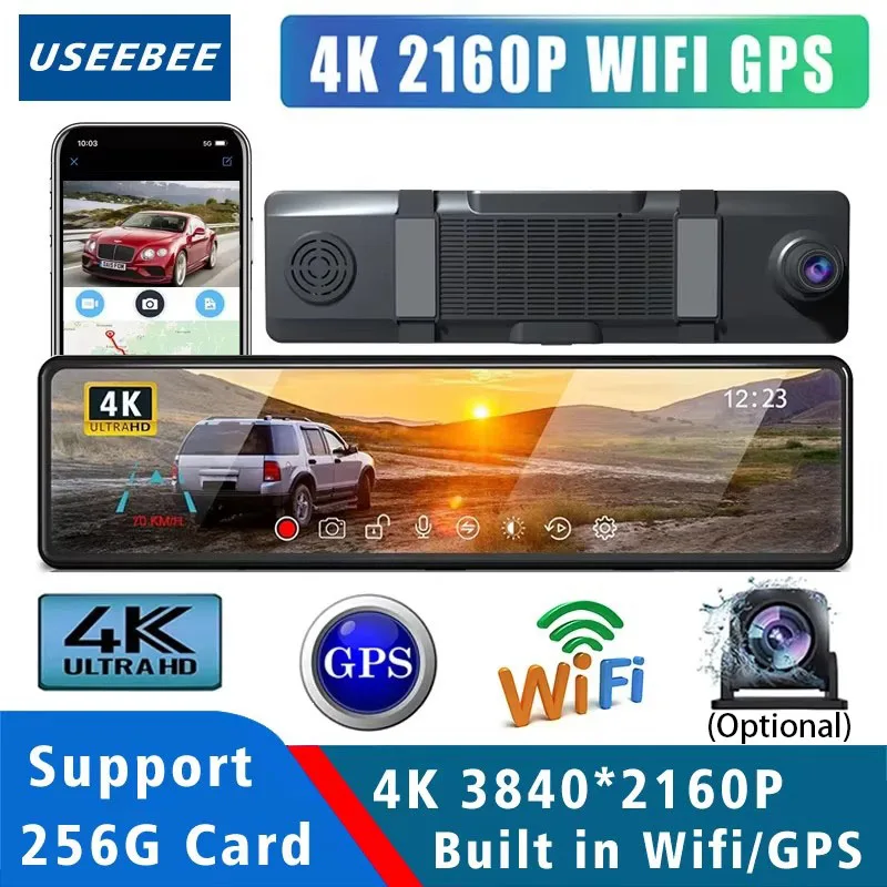 11.26 "4K 2160P داش كام نظام تحديد المواقع واي فاي جهاز تسجيل فيديو رقمي للسيارات مرآة المزدوج لين داشكام IPS كاميرا محرك مسجل السيارة صندوق أسود تيار الرؤية الخلفية