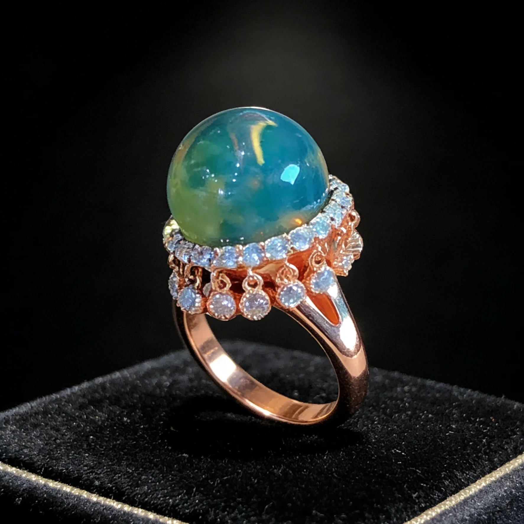 

Sterling Silver Ring with Natural Mexican Blue Amber 14mm Round Bezel Set Diamond Accented Dangle Design Elegant for Date Party