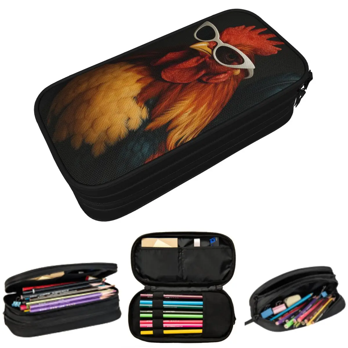 

Cute Rooster And Hen With Sunglasses Pencil Case for Studen School Pen Box Pencil Bag Stationery Supplies Pen Holder Bag