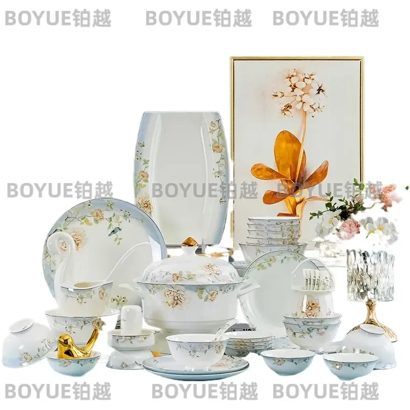 Jingdezhen Bone China Dinnerware Set Household Ceramic Plates and Bowls Gift Wholesale Tableware Collection for Home Dining