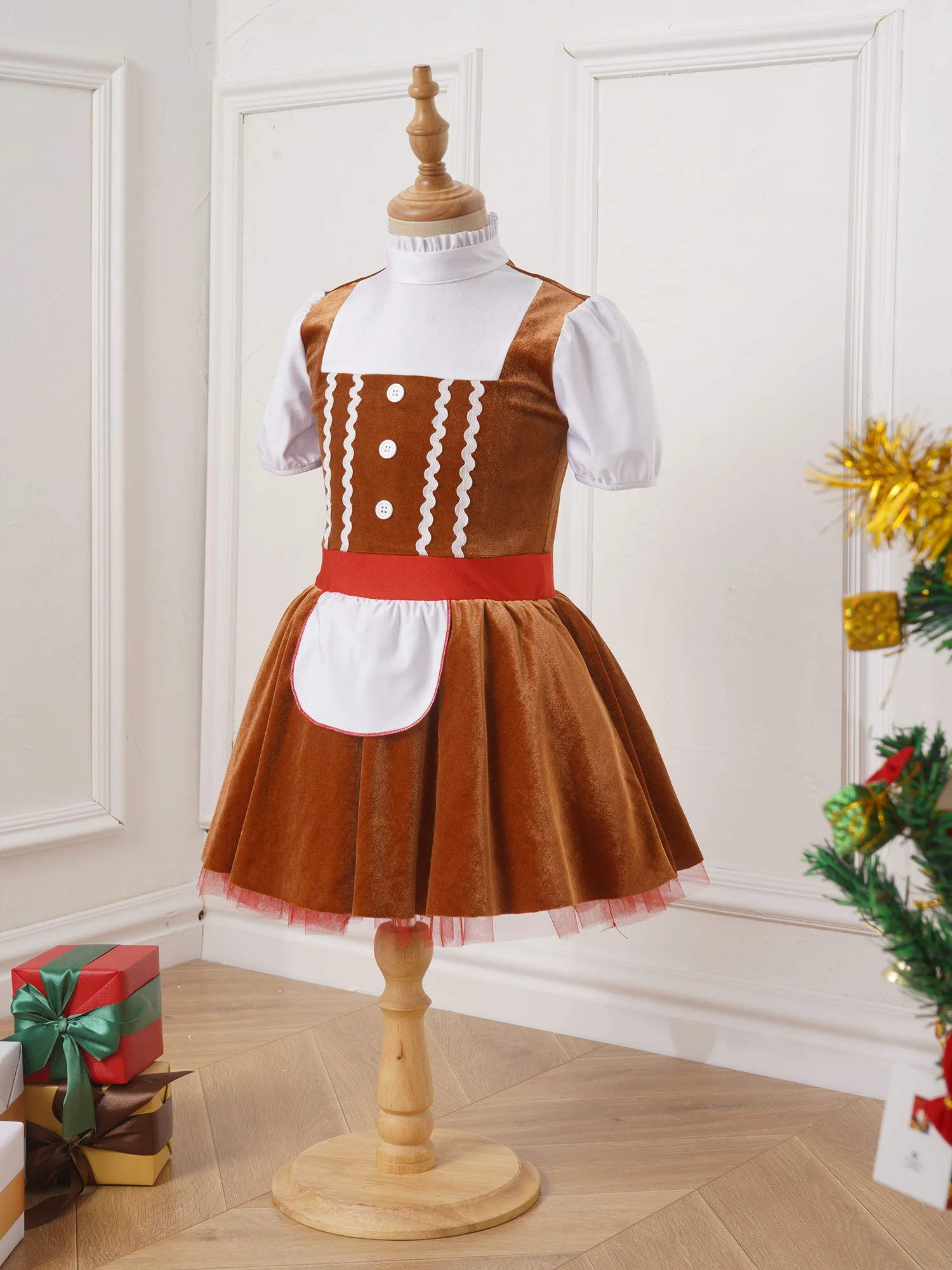 Kid Girl Christmas Gingerbread Man Costume Short Sleeve Velvet Tutu Dress Bodysuit for Halloween Dress Up Party Ballet Dancewear