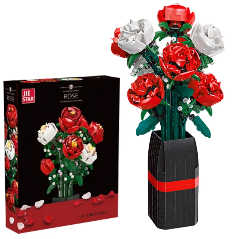 Artificial Roses Toy Building Set with Vase Building Blocks Flower Brick Toys Valentine Day Birthday Christmas Gift for Adults