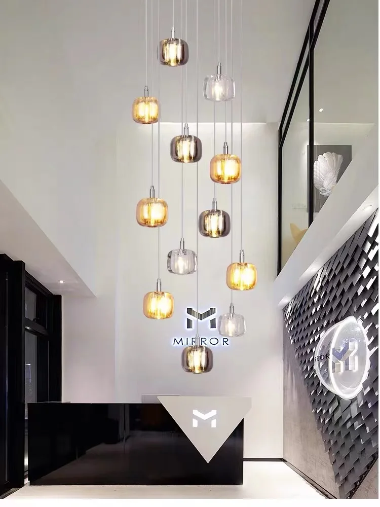 Modern creative K9 crystal long line light amber/smoke gray/clear glass chandelier Led double spiral staircase hanging light