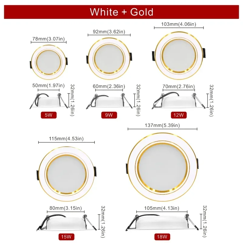 Luz descendente Led de techo empotrada, Panel redondo de 3/110 pulgadas, 12V, 24V, 220V, 5W, 9W, 12W, 15W, 18W, lote de 10 unidades