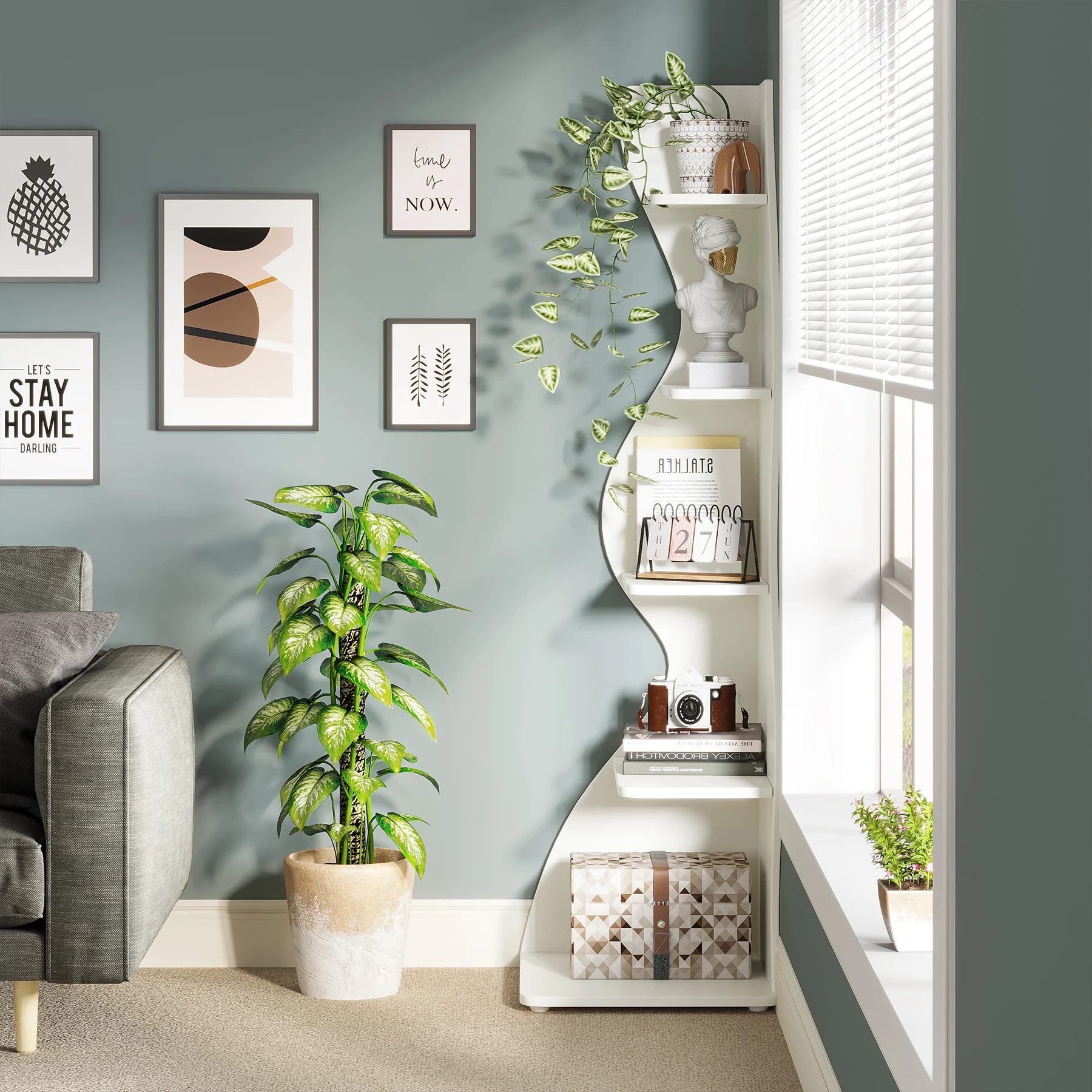 5-Tier Corner Shelf, Modern Wall Corner Bookshelf, Stylish Corner Small Bookcase Storage Rack Plant Stand