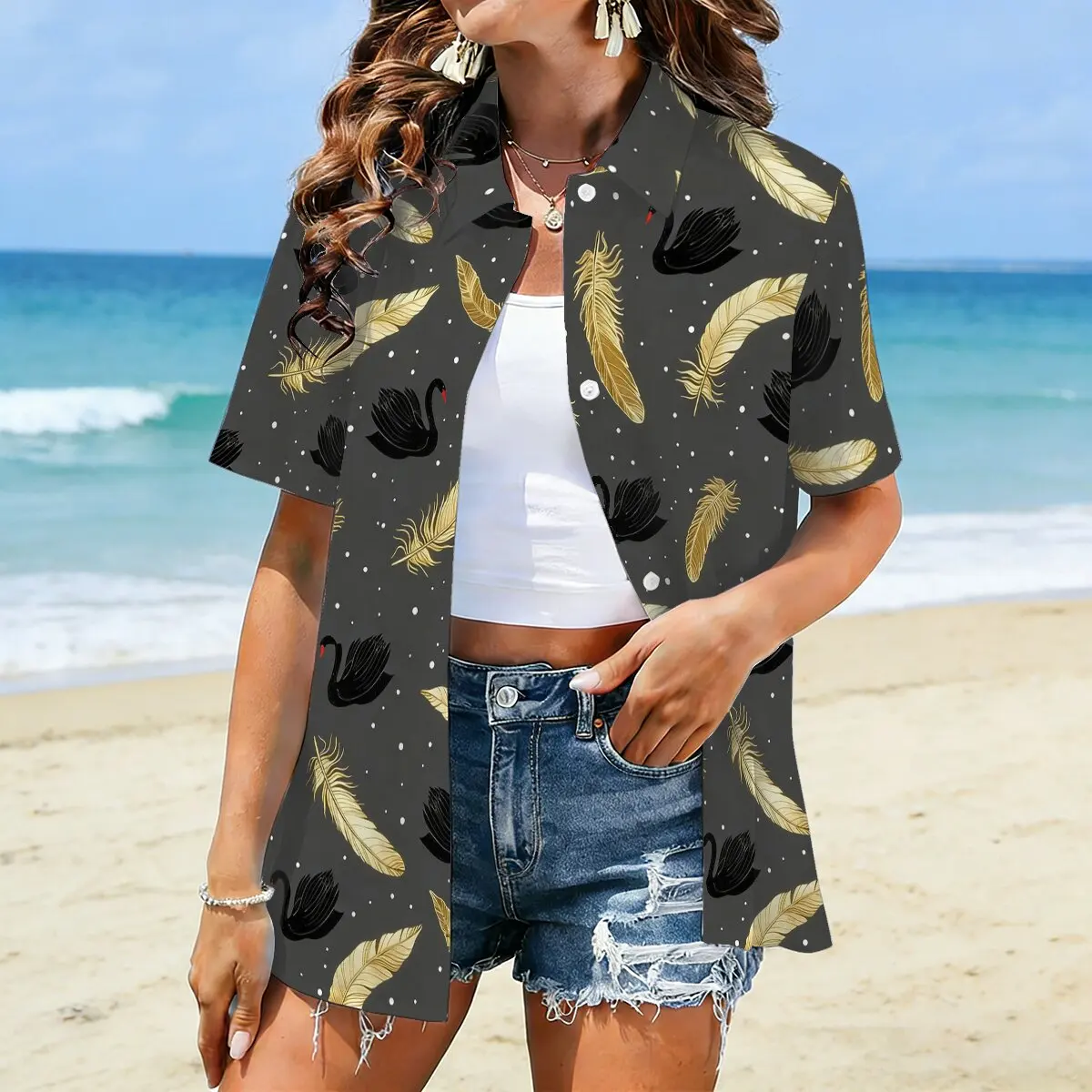 

Летняя женская рубашка с коротким рукавом и отложным воротником больших размеров, легкая, роскошная, с принтом в виде лебединых перьев, элегантная и уникальная, подходит для офиса.