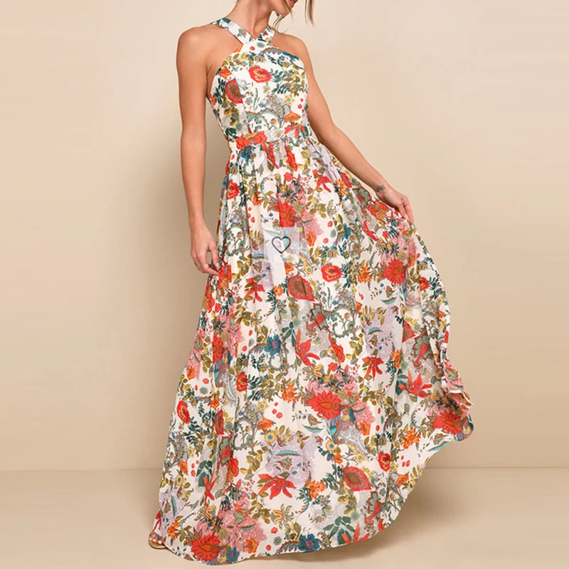 Elegante floral impressão magro vestido de festa sexy fora do ombro sem mangas chiffon vestido longo moda feminina altura cintura plissado bohe vestido