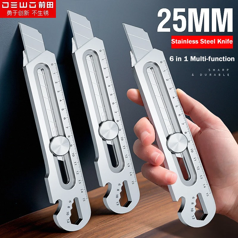 6In1 Multi-Function Stainless Steel Utility Knife 25MM Large Professional Retractable Box Cutter Premium couteau For Home Office