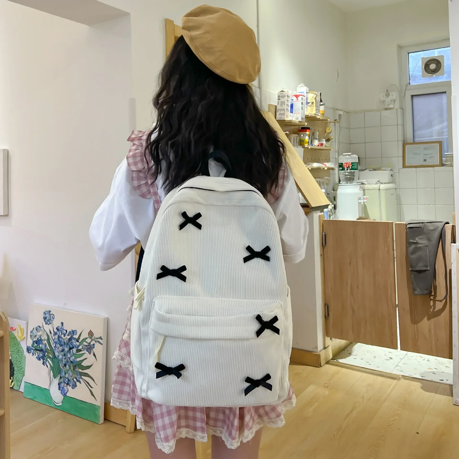 Girls School Backpack Cute Bowknot High School Student Bags White Black Corduroy Shoulders Bag Teenage High-capacity Bookbags