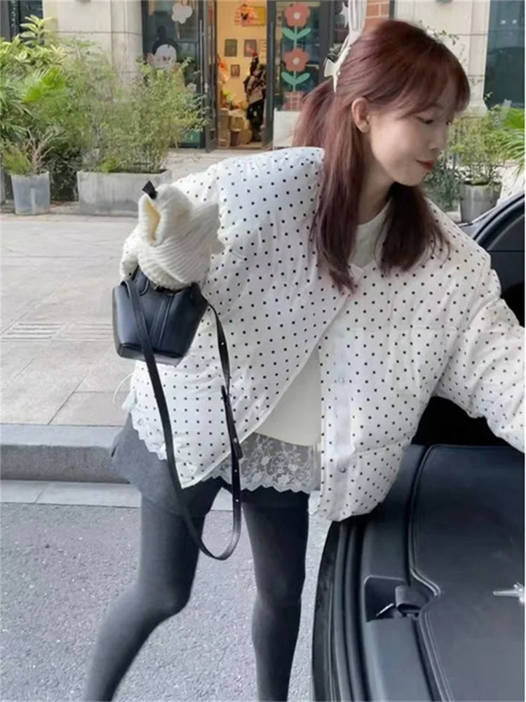 

Женская модная зимняя куртка Ele Polka Dot Bread Sle ort из хлопка, винтажный ретро-дизайн, для повседневной носки, женская модель O...