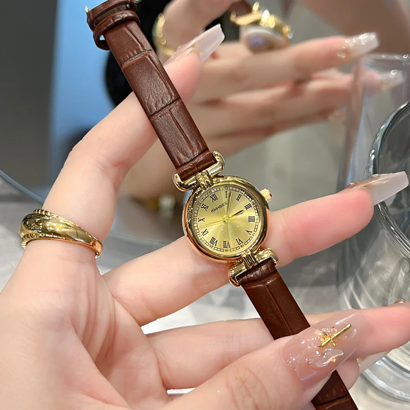 Osmanthus Vintage Kleine Goldene Uhr Originalware2024Neue Mid-Ancient Light Luxus Damen Handgelenk Nische Berühmte Marke Leder Stee