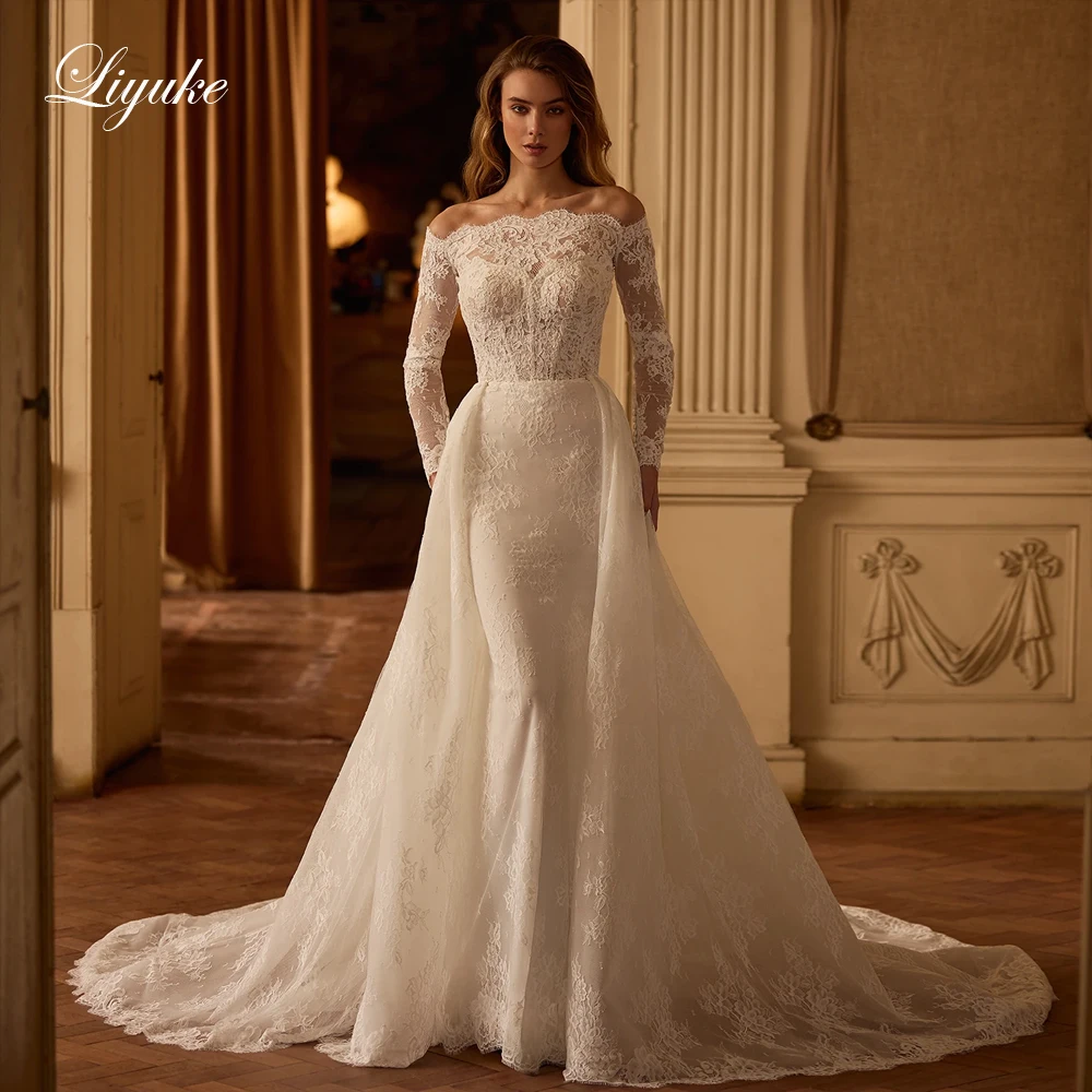 Liyuke Custom Made Chic All-Over Lace 2 In 1 Mermaid Bride Dress Off The Shoulder Full Sleeves Boat Neck Trumpet Wedding Gowns