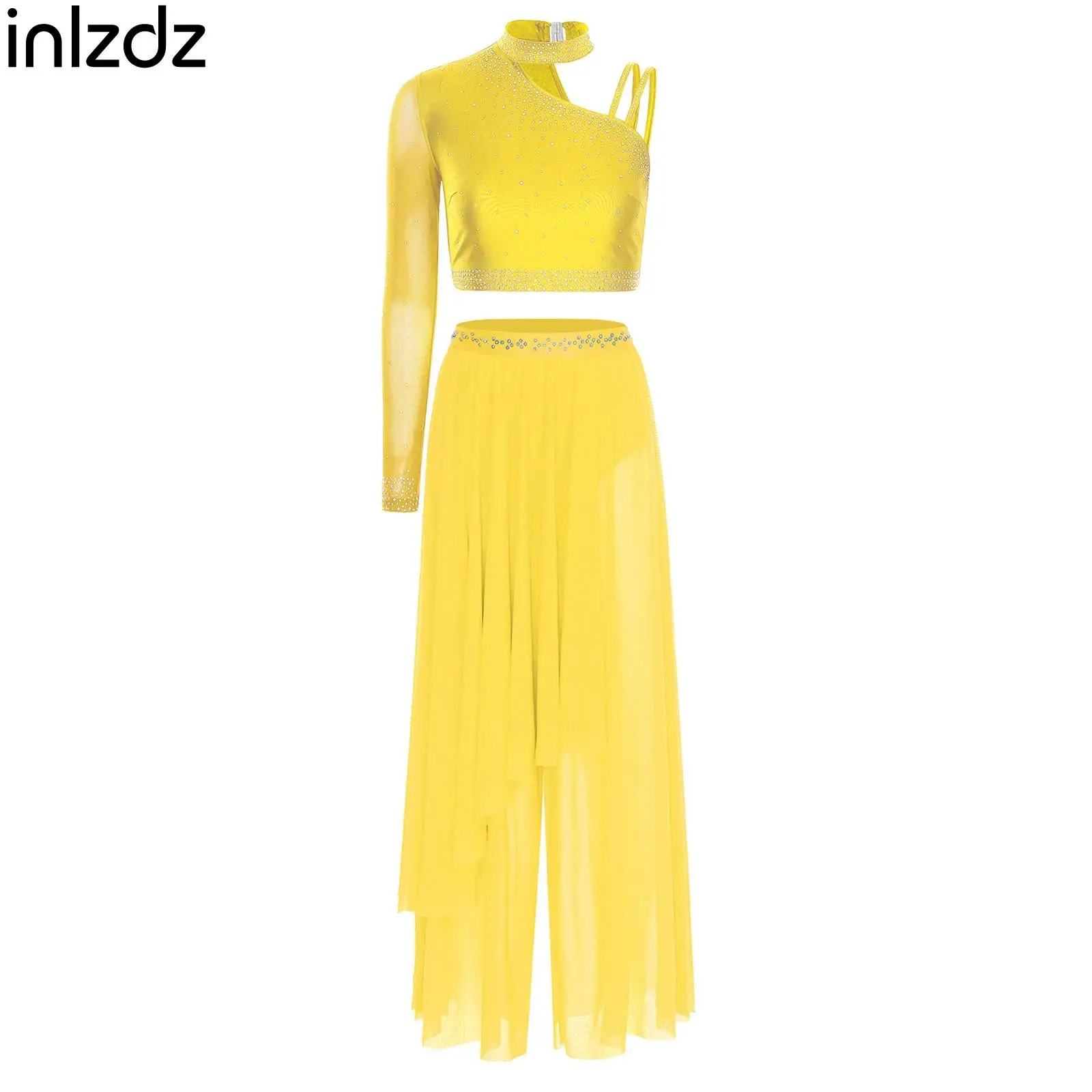 

Женский комплект для современного танца: асимметричный топ с одним рукавом, украшенный стразами, и брюки для гимнастики и фигурного катания