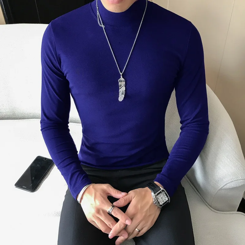 Frühling Neue männer Rollkragen T-shirt Langarm Slim Fit Einfarbig Hohe Elastische Bodenbildung Pullover Grundlegende Stil Männliche Tops – Detail 19