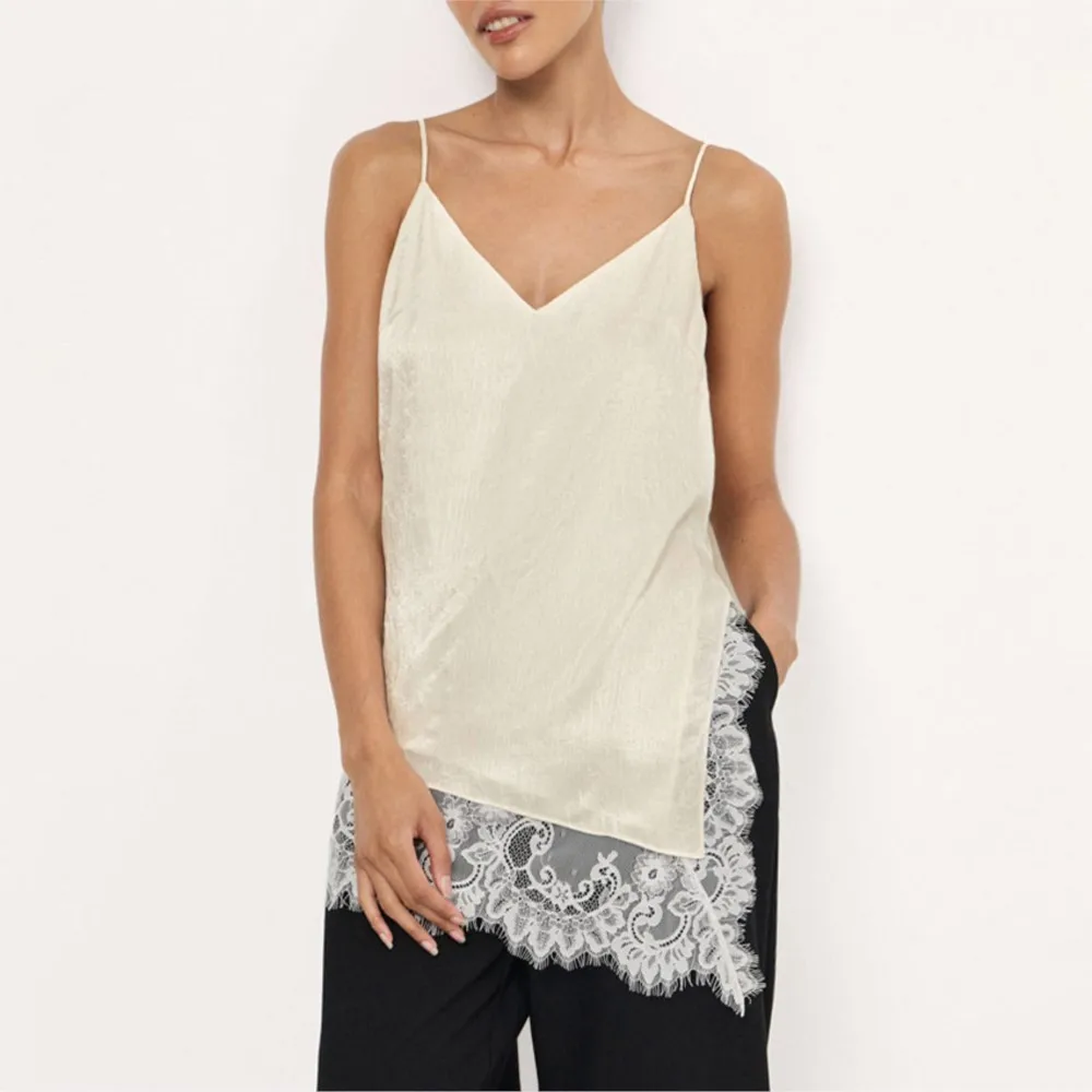 

Casual Elegant Camisole Summer Solid Color Fashion Home Comfortable Sexy Side Slit Irregular V-neck Satin Lace Stitching Tops