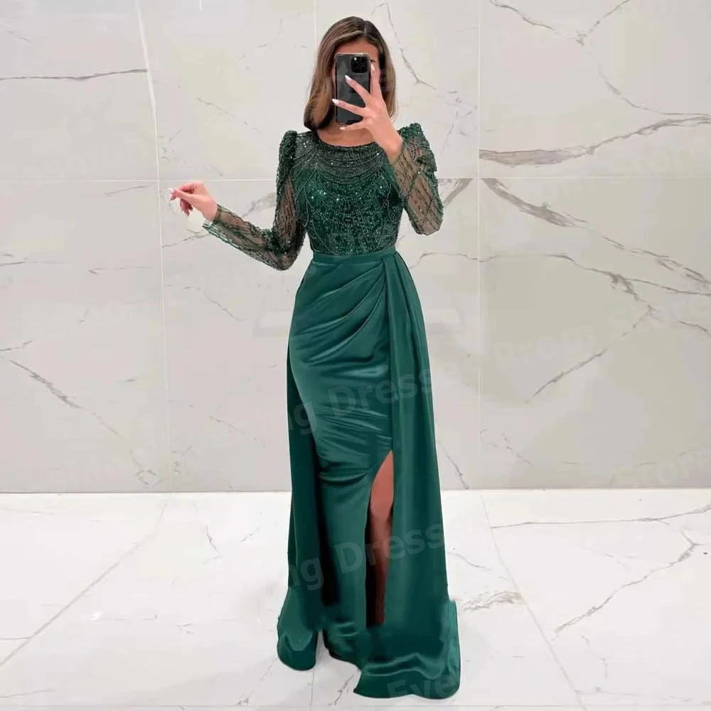 Charming Women Mermaid Evening Dresses O Neck Prom Gowns Robe De Soirée Customized Long Sleeved Side Slit Vestidos Para Mujer