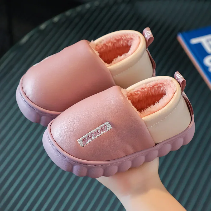Children's Cotton Shoes Winter Plush and Thickened PU Leather Cotton Slippers Waterproof and Anti Slip Children's Cotton Shoes