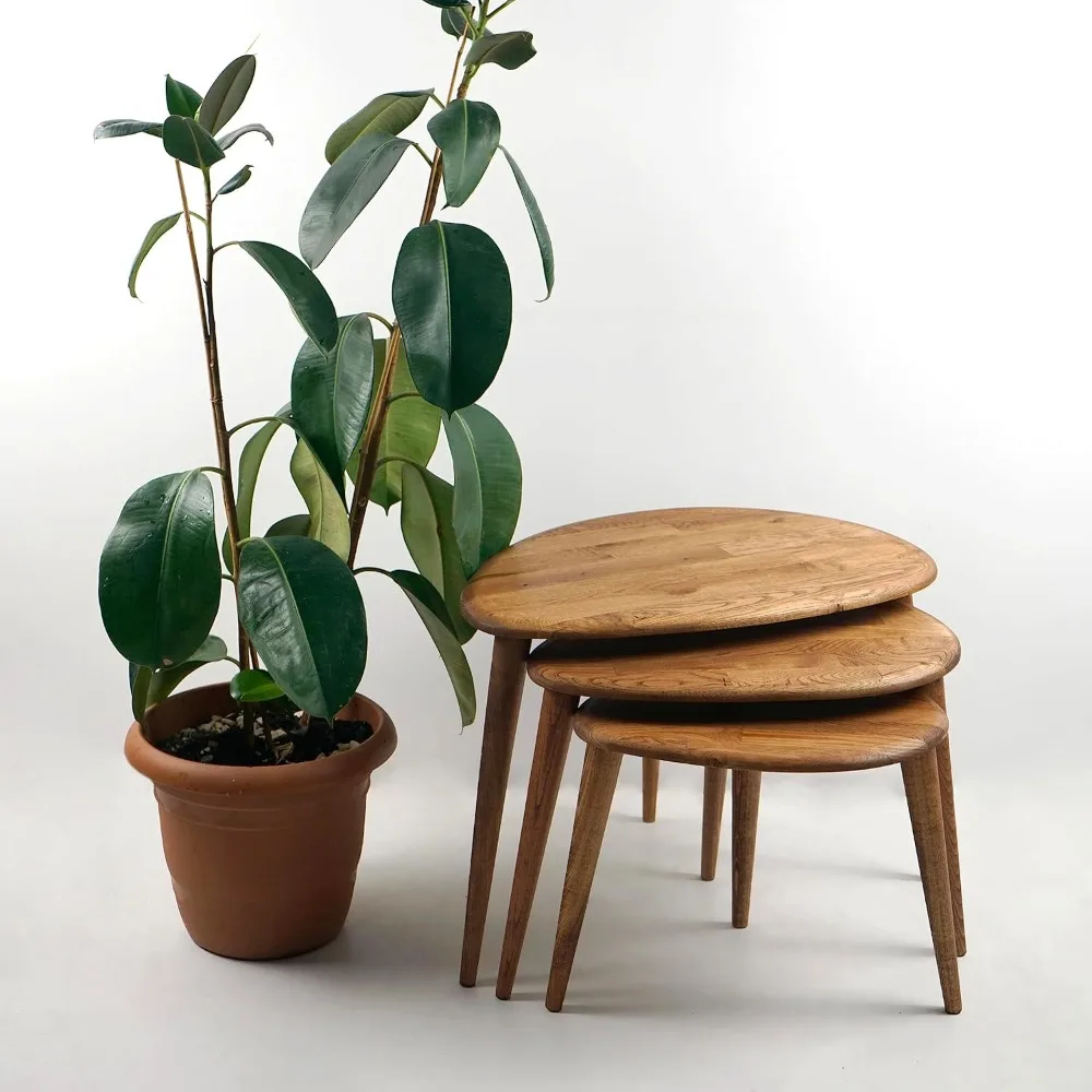 Mid Century-Inspired Chestnut Solid Nesting Tables Trio with Tapered Wooden Legs - Retro Wooden Home Furniture