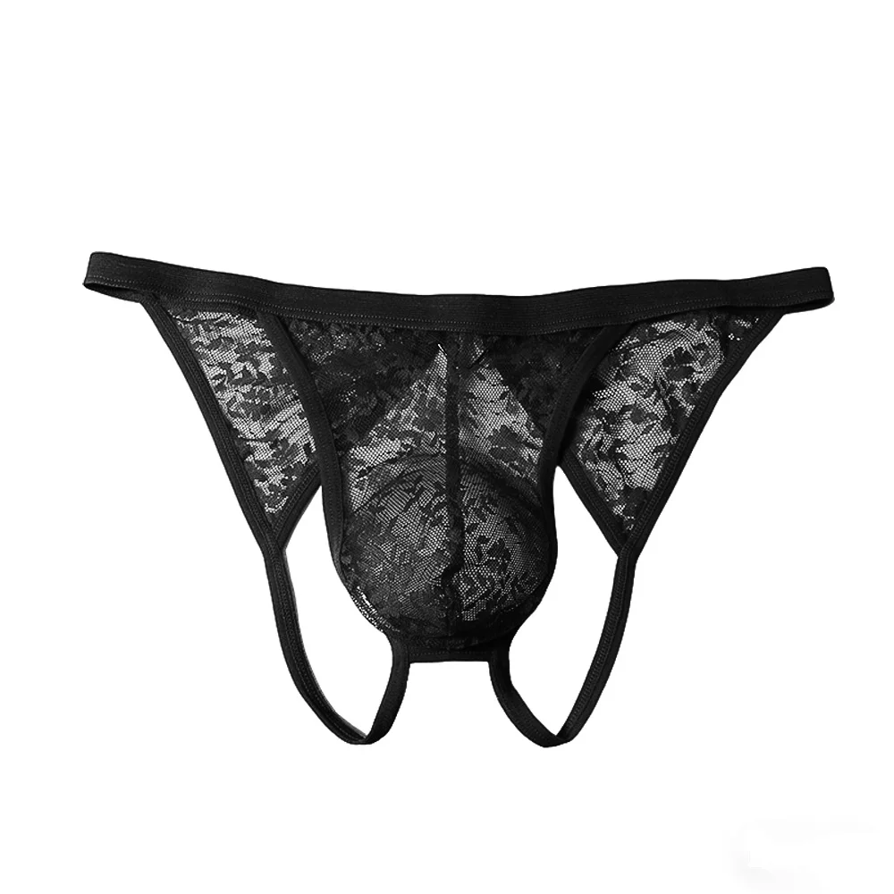 Men's Lace Flower Pattern Sissy G-String Hollow Thong Low Waist Transparent And Breathable Convex Pouch Sexy Open Underwear