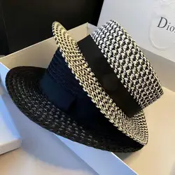 Women's Spring and Summer British Houndstooth Top Hats Seaside Sun Protection Beach Sun Hats Vacation Casual Top Hats