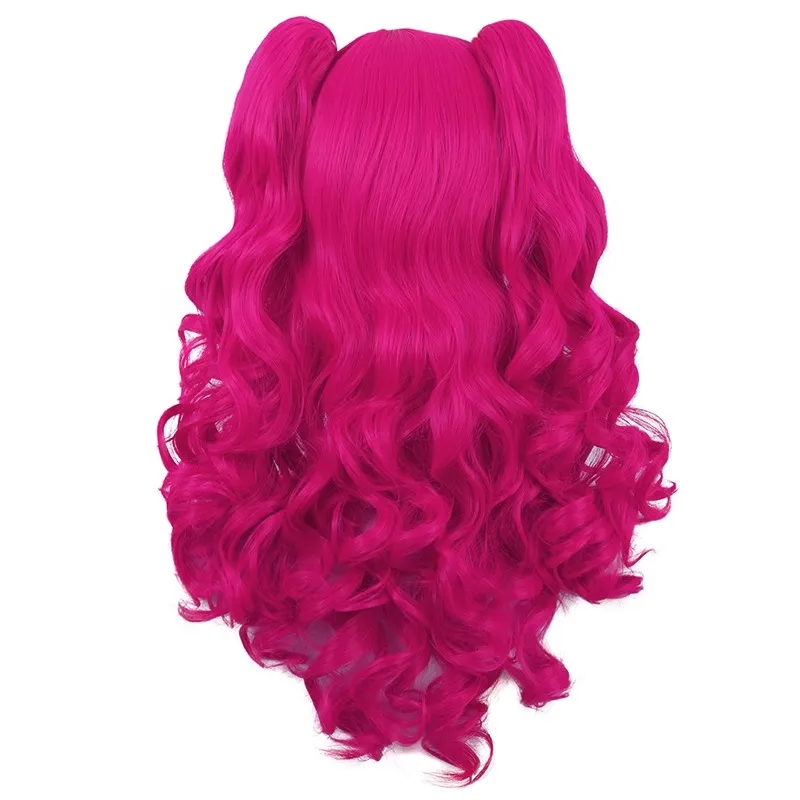 cos wig female long curly hair lolita scrunchy clip double ponytail big wave rose red anime Lolita full head set