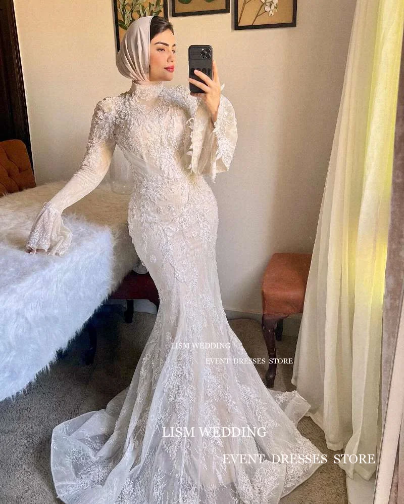 LISM Vintage Muslim Wedding Dresses Lace Mermaid Arabic Dubai Bridal Gowns With hijab High Neck Flare Sleeve Robe de mariage