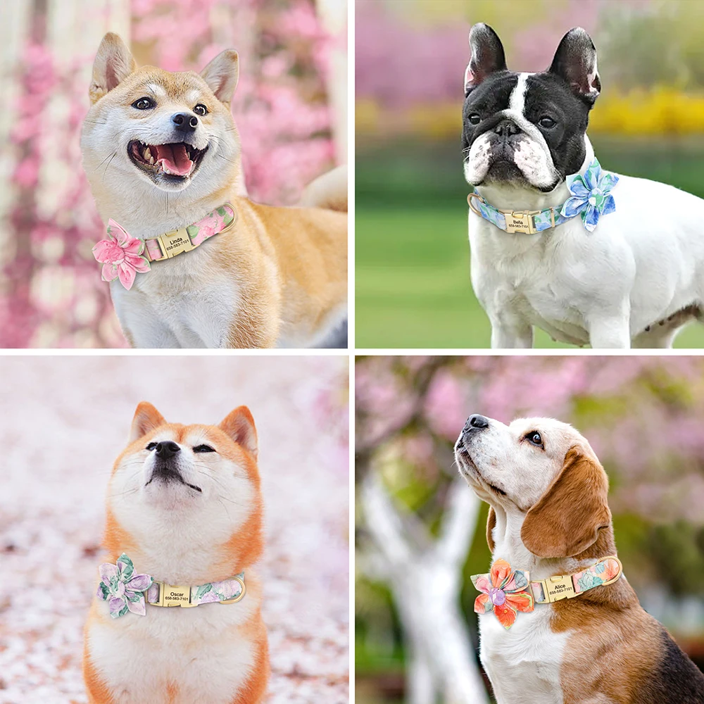 Coleira de nylon personalizada, coleiras de cachorro impressas, flor, placa de identificação gravada grátis para cães pequenos, médios e grandes,