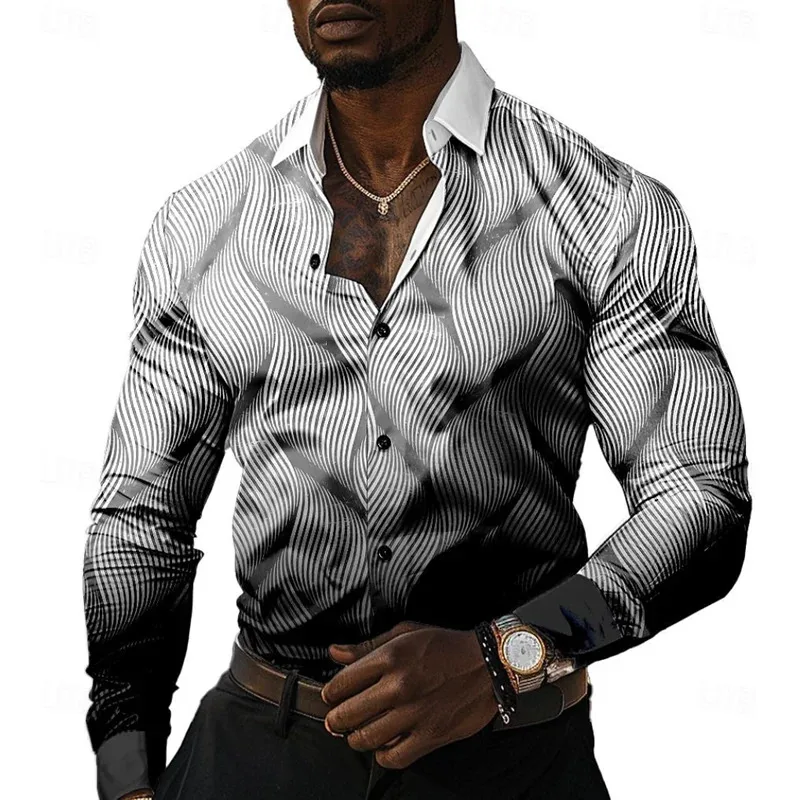 Kemeja Kasual Pria 2026 Motif Garis Formal Musim Panas Semi Gugur Kerah Lipat Lengan Panjang Hitam, Hijau Ukuran S-5XL Besar Pengiriman Cepat