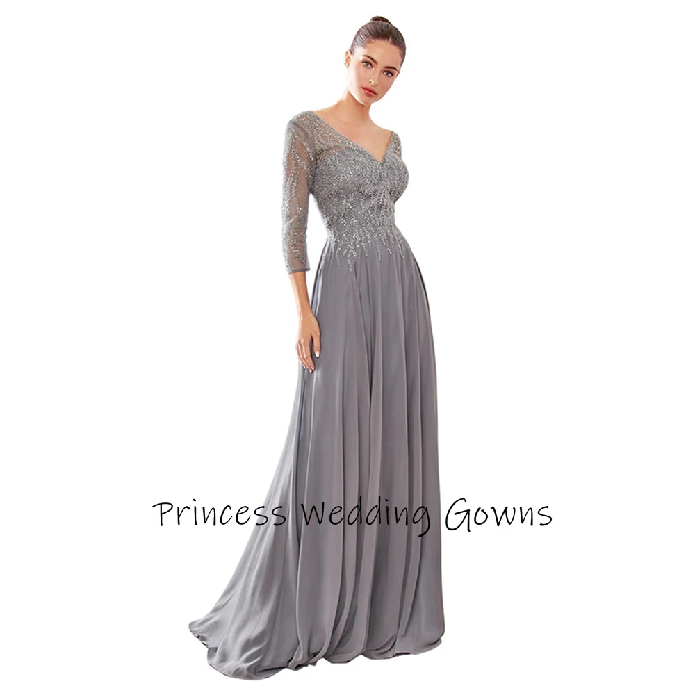 Yipeisha แฟชั่น V คอชีฟองสีเทาชุดราตรีลูกไม้ Appliques A-Line Draped ครึ่งแขน Party Prom Gowns