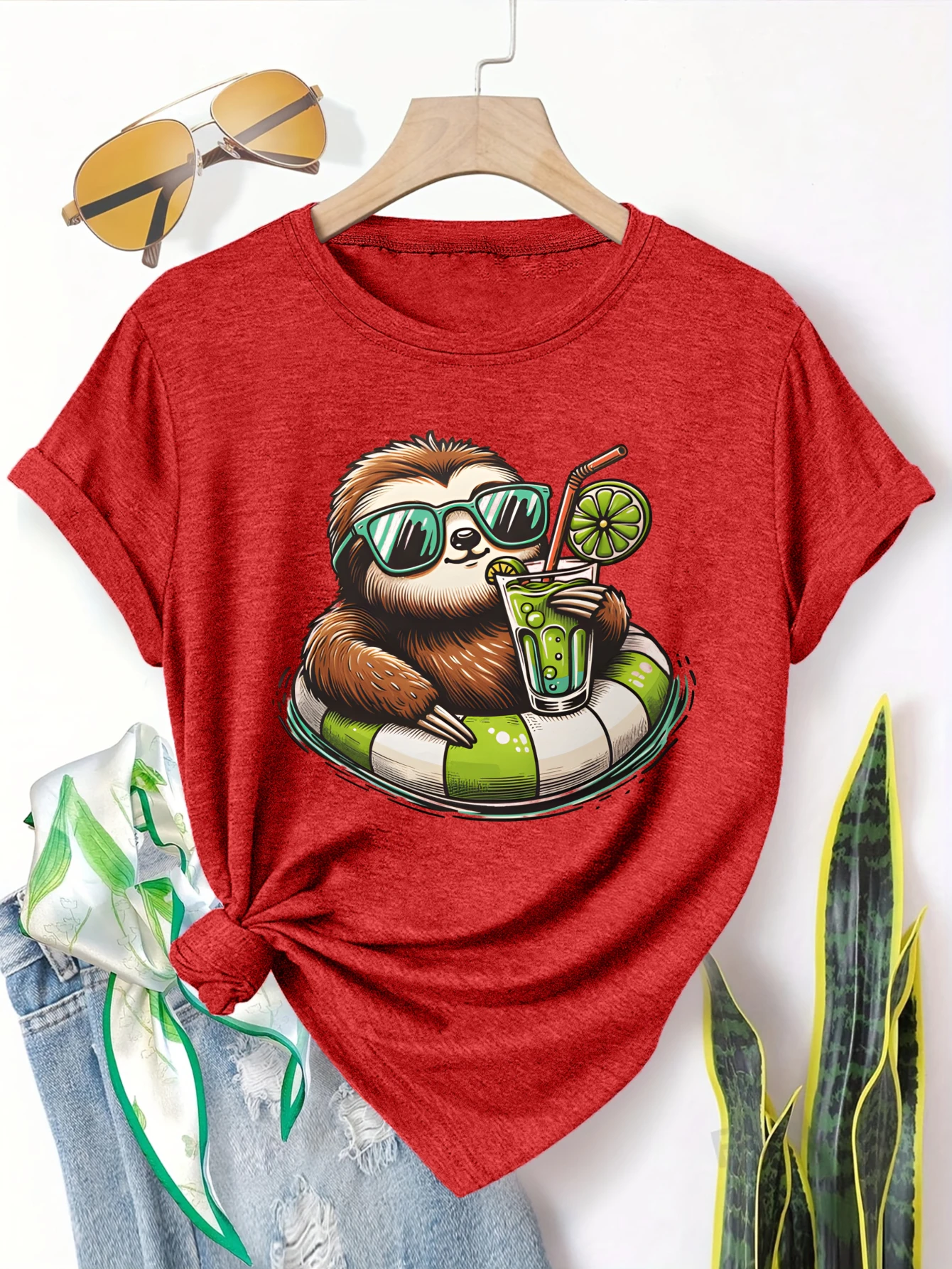 

Plus size women's short sleeve T-shirt Sloth With Sunglasses And Drink Everyday comfortable and versatile style summer outfits