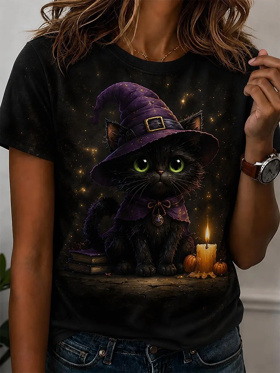 Halloween Women Witch Cat T-Shirt Cute Black Cat Pumpkin Graphic Tops Tee Summer Short Sleeve Crewneck Party Women Clothing view 4