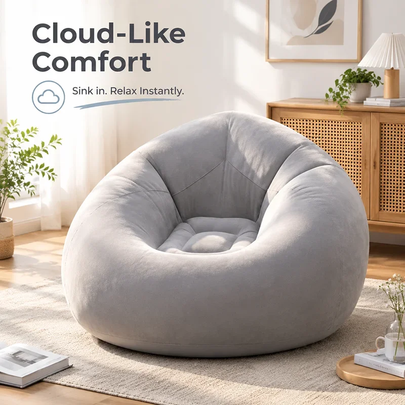 Inflatable Bean Bag Chair, Flocking Lazy Sofa, Soft Foldable Blow Up Lounge Seat, Portable Comfy for Bedroom Living Room Camping