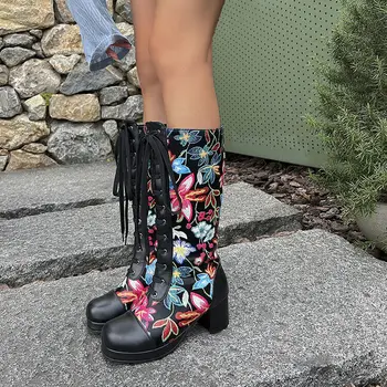 女士冬季繫帶圓頭過膝長靴方跟高跟時尚花卉刺繡高筒女靴 WSH5012 8 最佳銷售 花卉靴 - №2